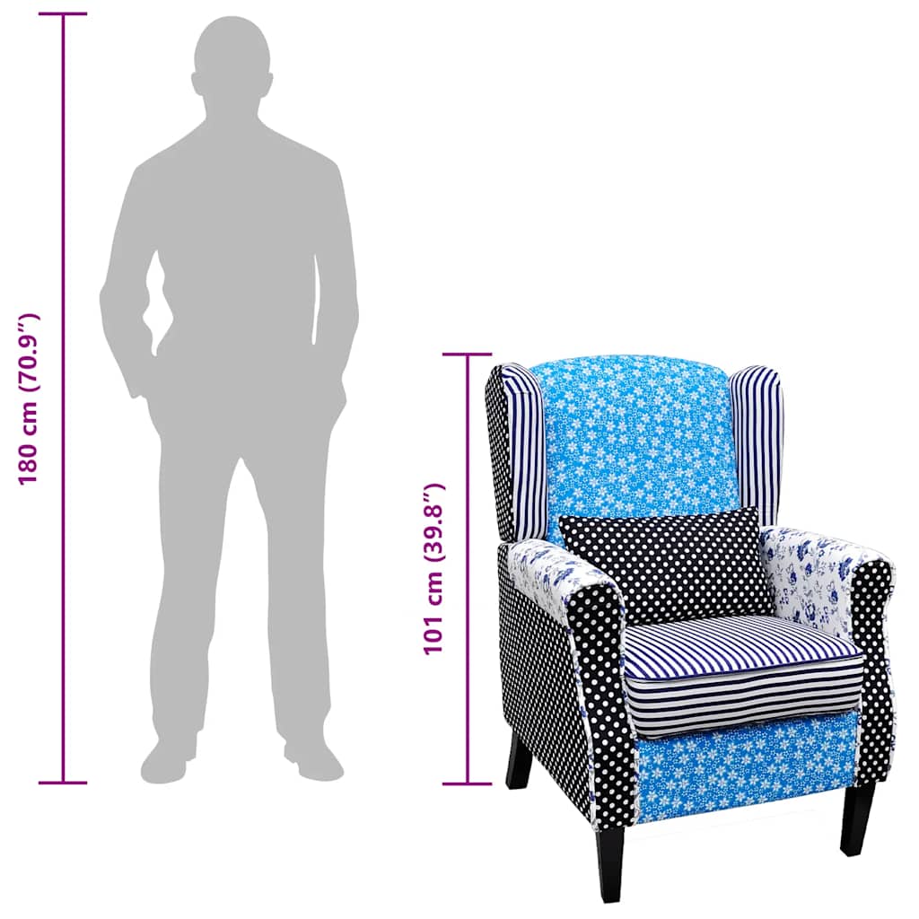 Fauteuil met patchwork stof blauw/grijs