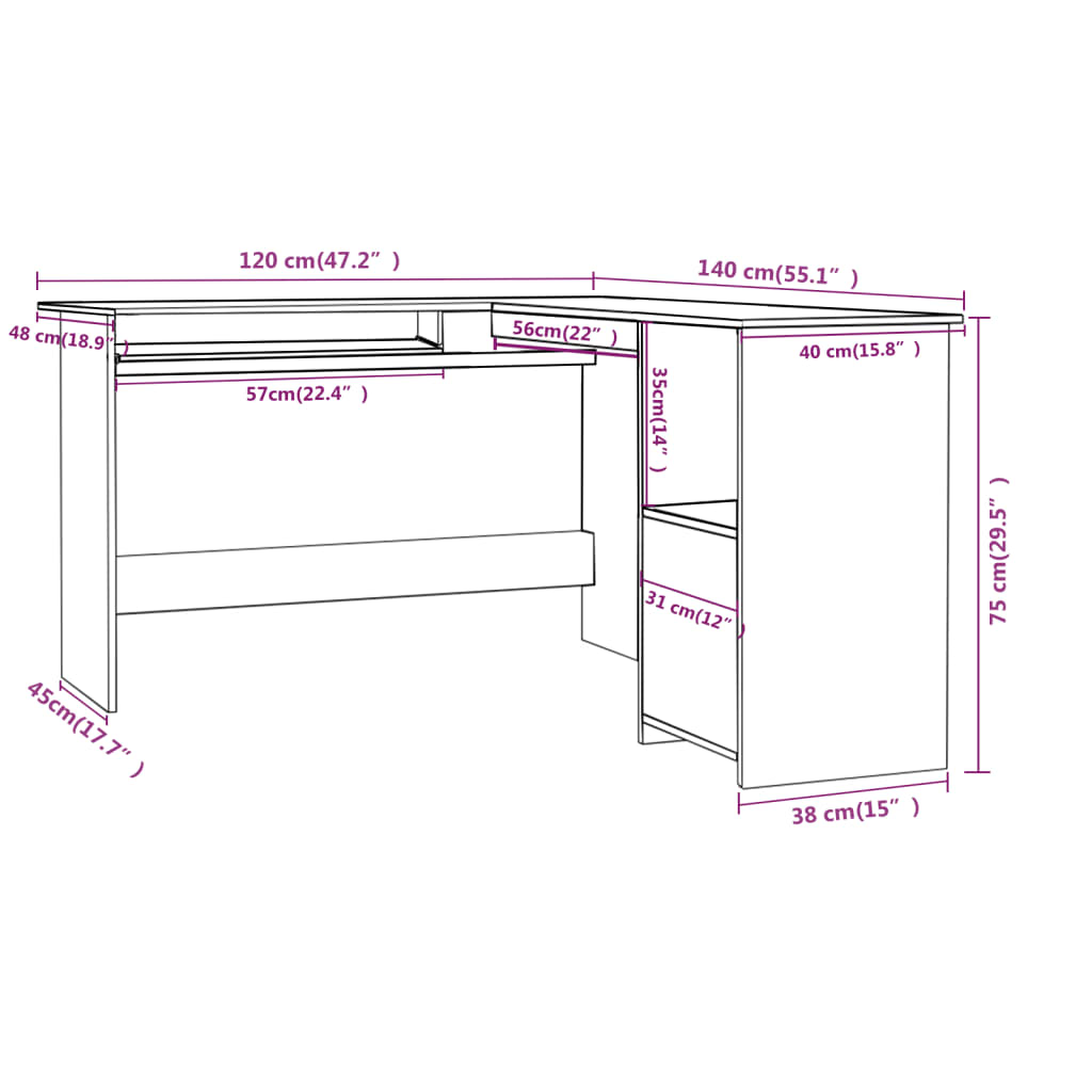 Corner desk L-shaped 120x140x75 cm processed wood high-gloss white