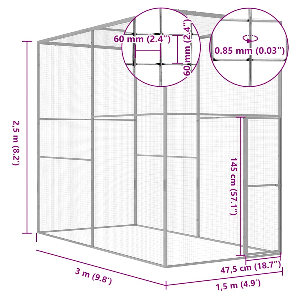 Kattenkooi 3x1,5x2,5 m gegalvaniseerd staal