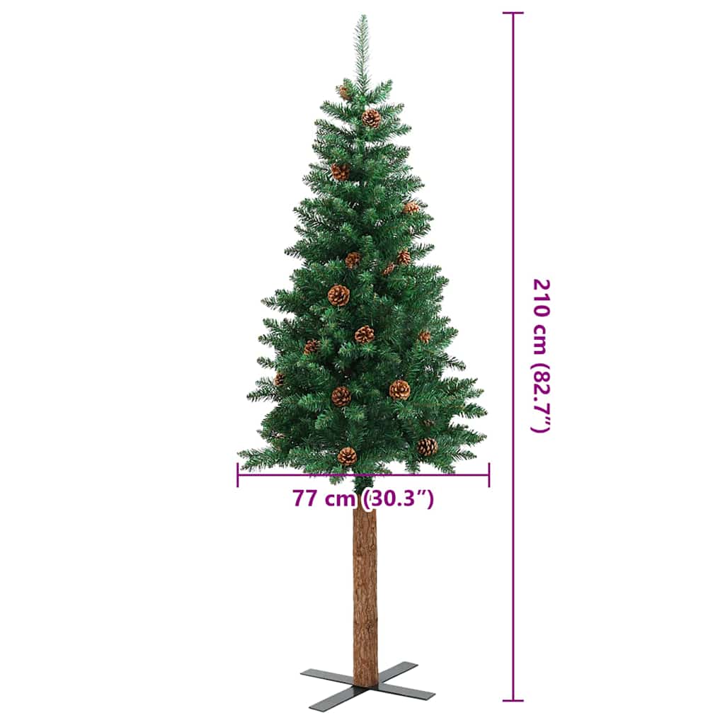 Kerstboom met echt hout en dennenappels smal 210 cm PVC groen