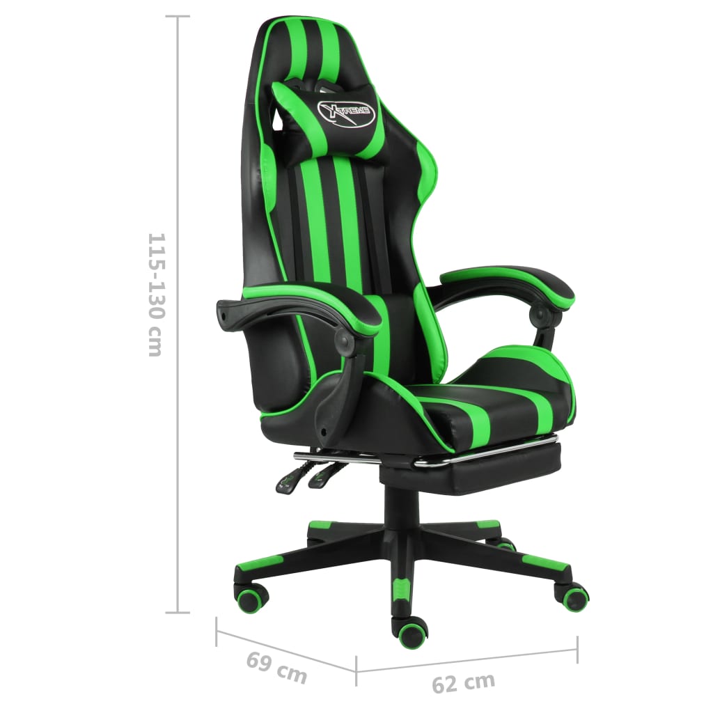 Racing seat with footrest, artificial leather, black and green