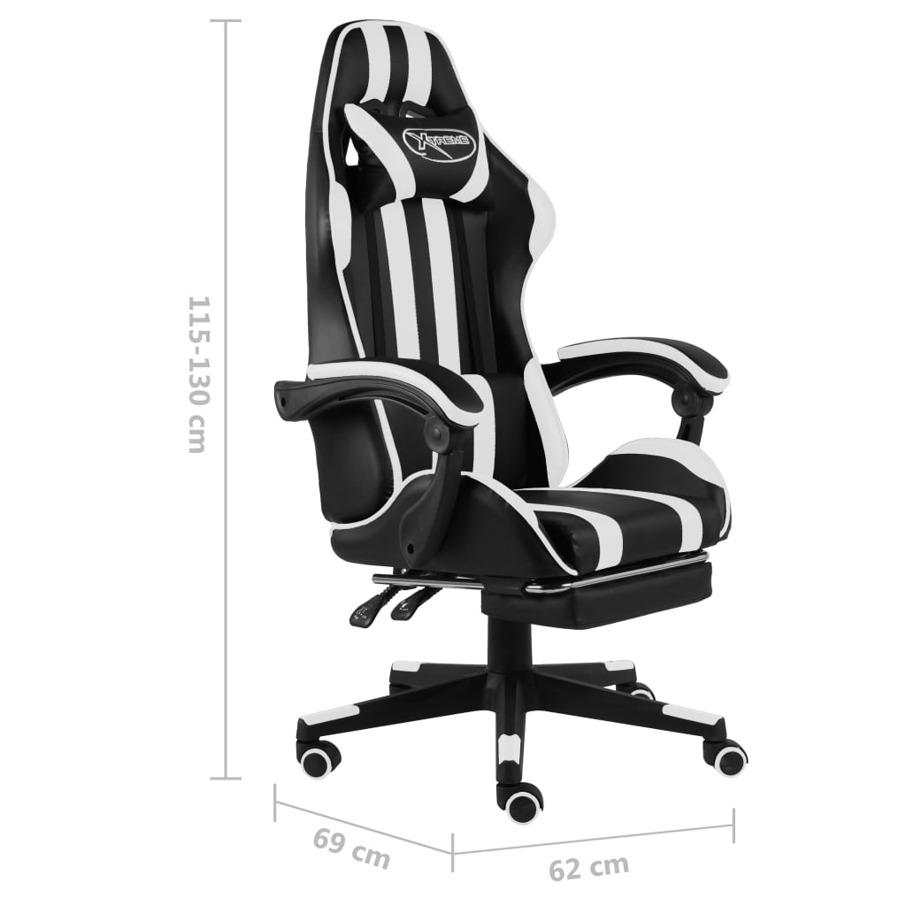 Racing seat with footrest, artificial leather, black and white