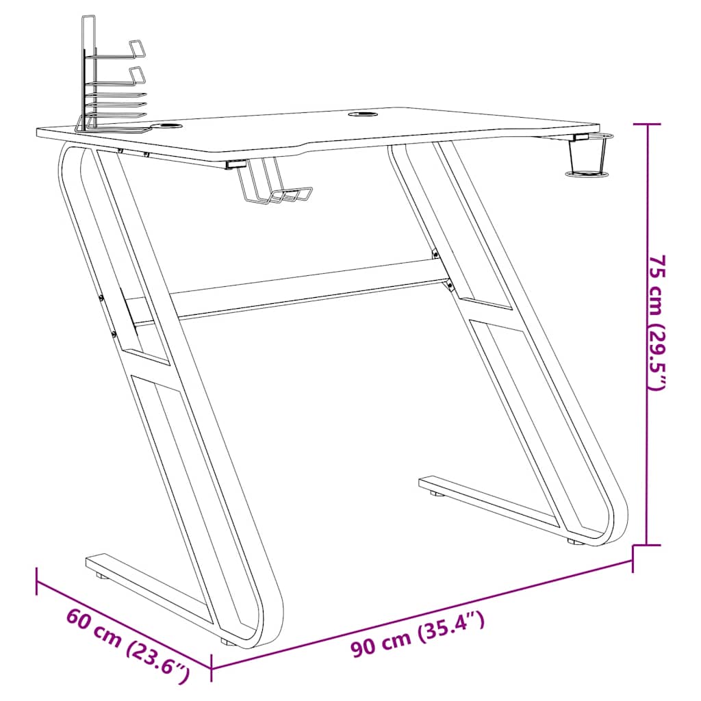 Gaming desk with ZZ-shaped legs 90x60x75 cm black