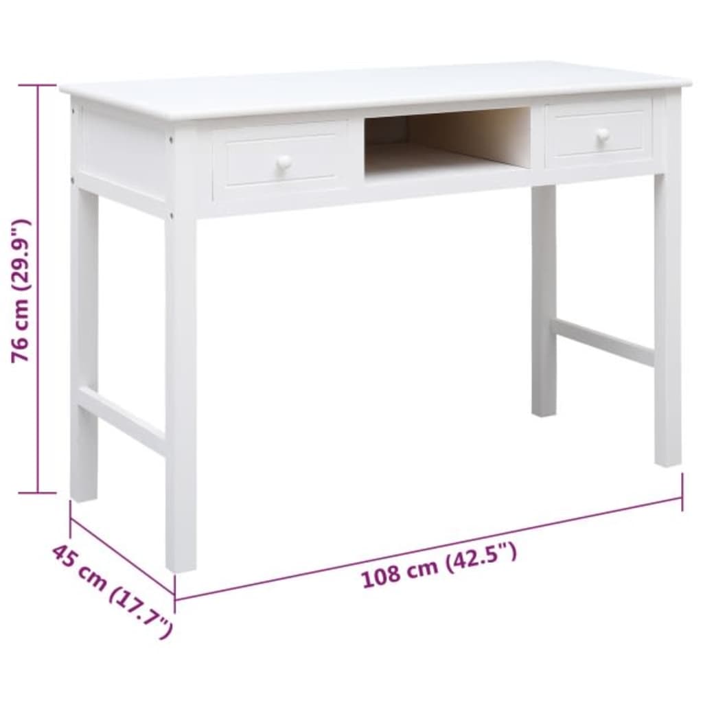 Bureau 108x45x76 cm massief paulowniahout wit