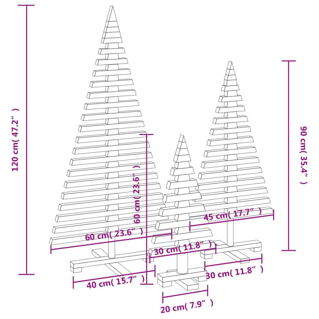 Kerstdecoraties kerstboom 3 st massief grenenhout