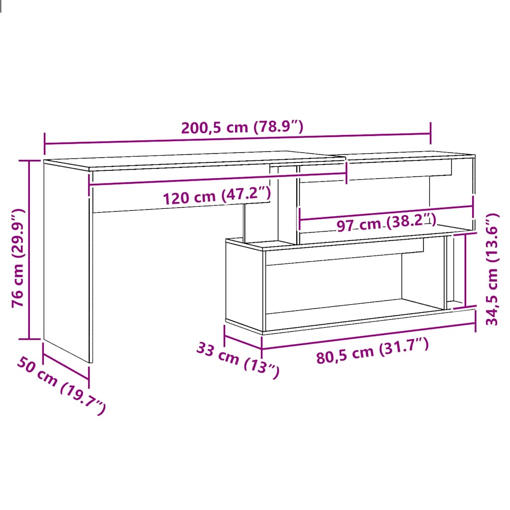 Corner desk 200.5x50x76 cm processed wood artisanal oak color