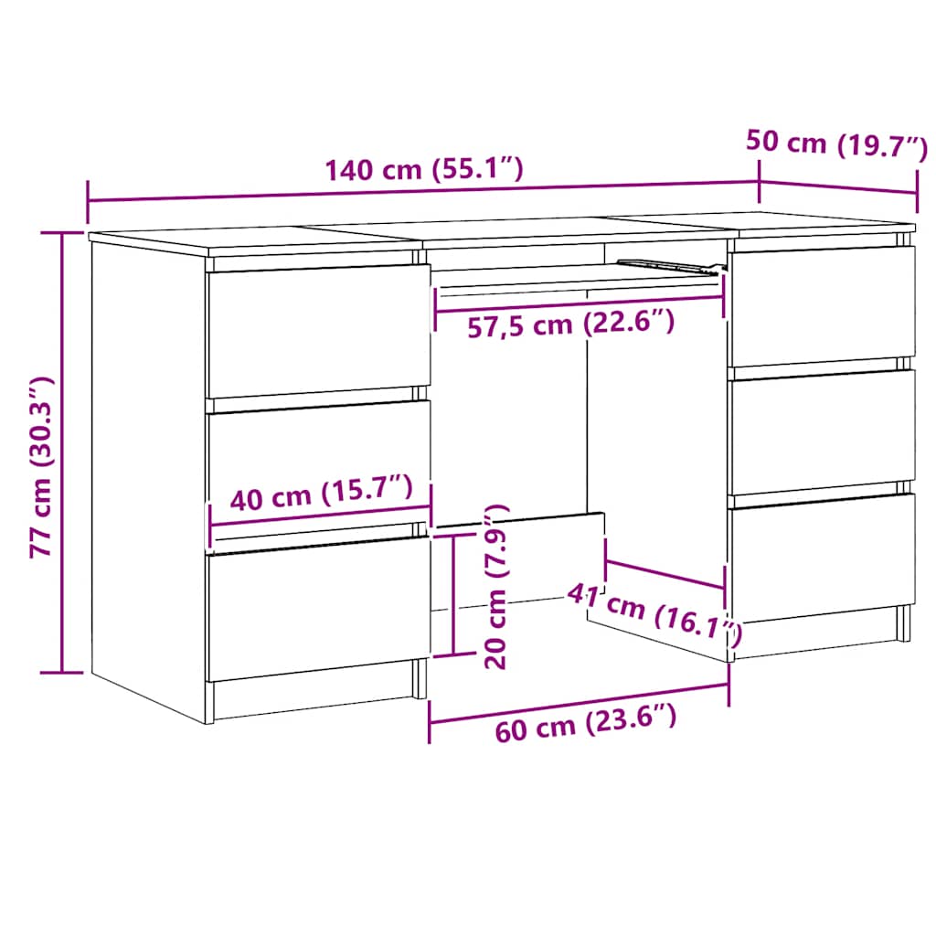 Bureau 140x50x77 cm bewerkt hout artisanaal eikenkleur