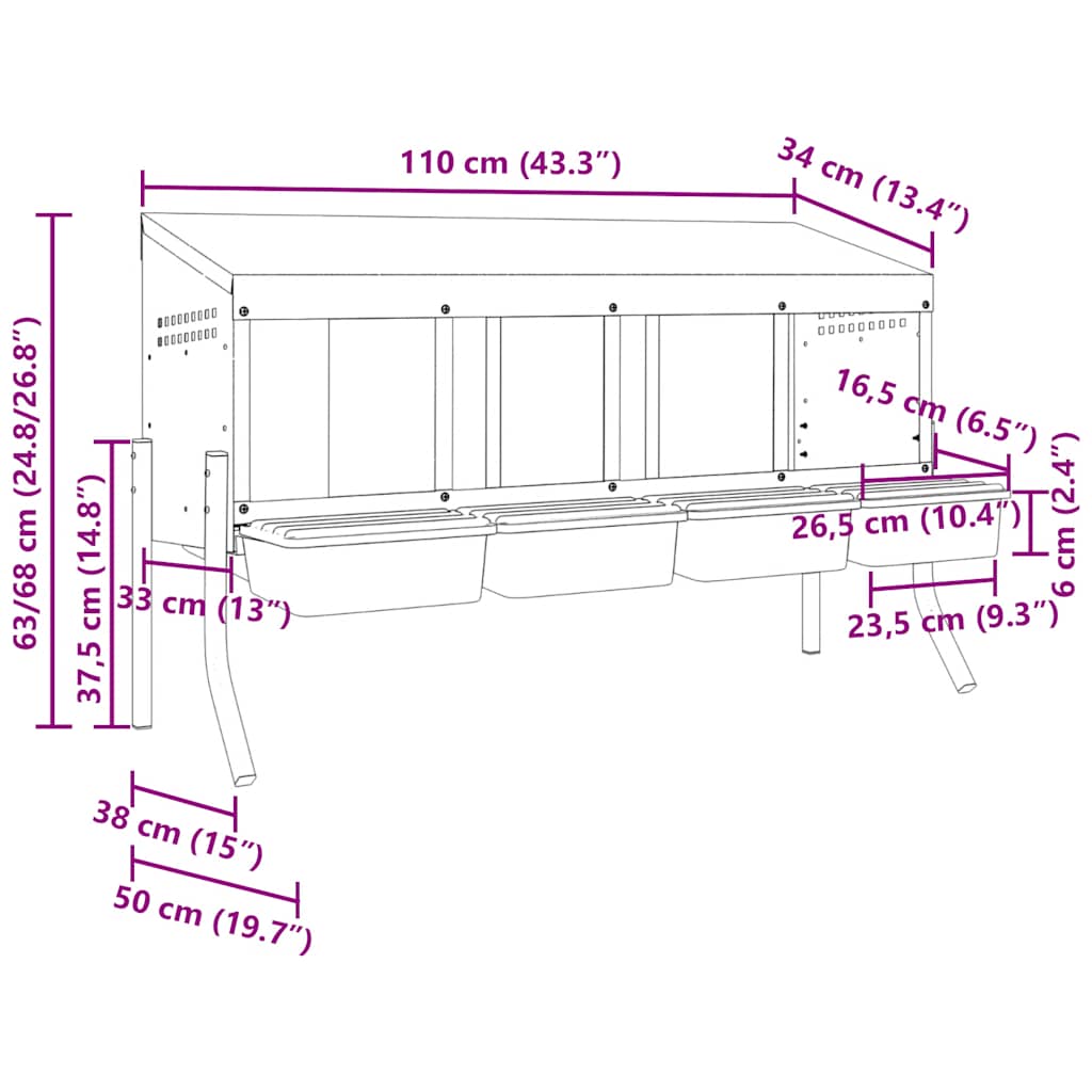 Kippennestkast 4 compartimenten met poten gegalvaniseerd staal