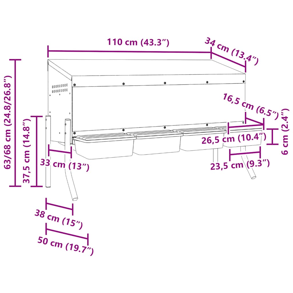 Kippennestkast 4 compartimenten met poten gegalvaniseerd staal