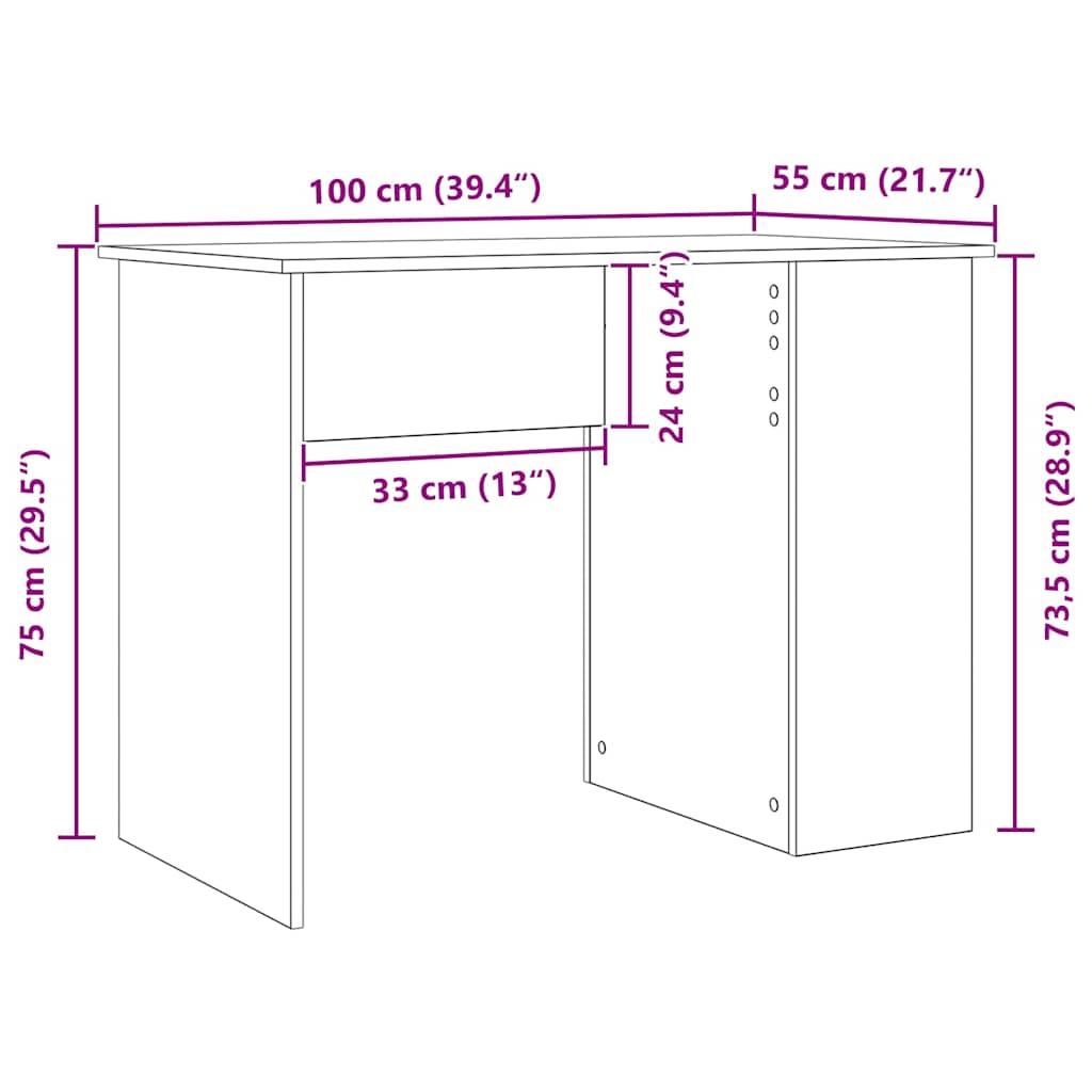 Bureau Zwart Eiken 100x55x75 cm Bewerkt Hout