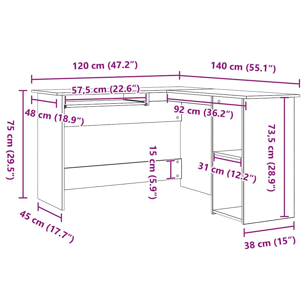 Hoekbureau Zwart Eiken 120 x 140 x 75 cm Bewerkt hout