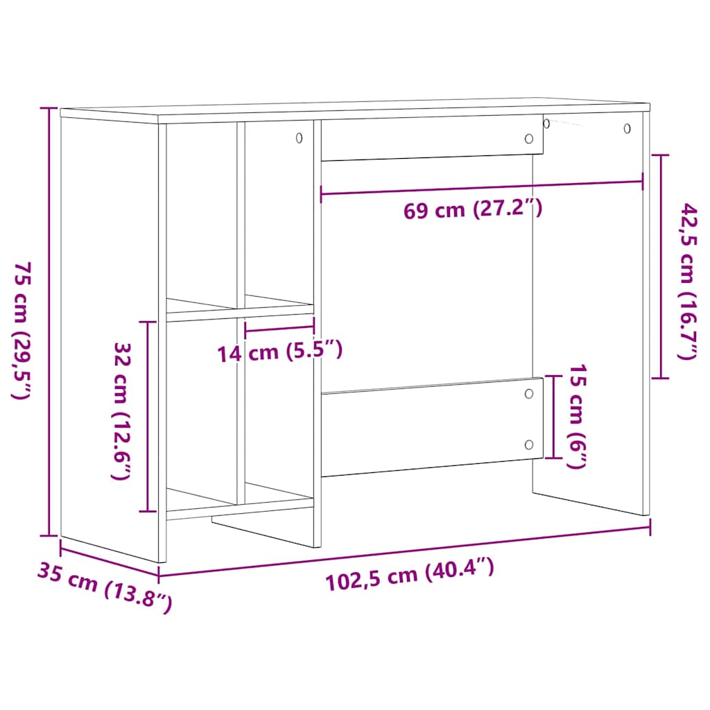 Bureau met plank Zwart Eiken 102,5 x 35 x 75 cm Bewerkt hout