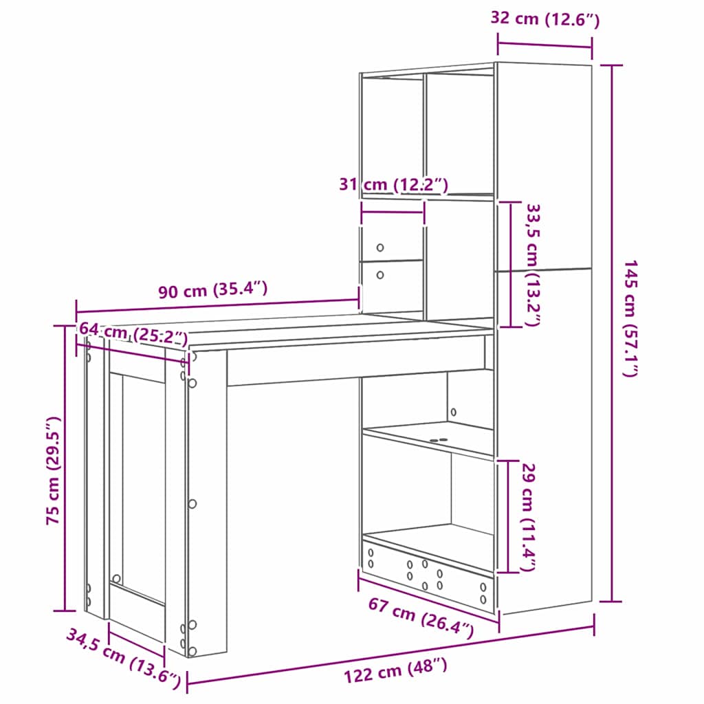 Bureau met plank Grijs Sonoma 122 x 67 x 145 cm Bewerkt hout
