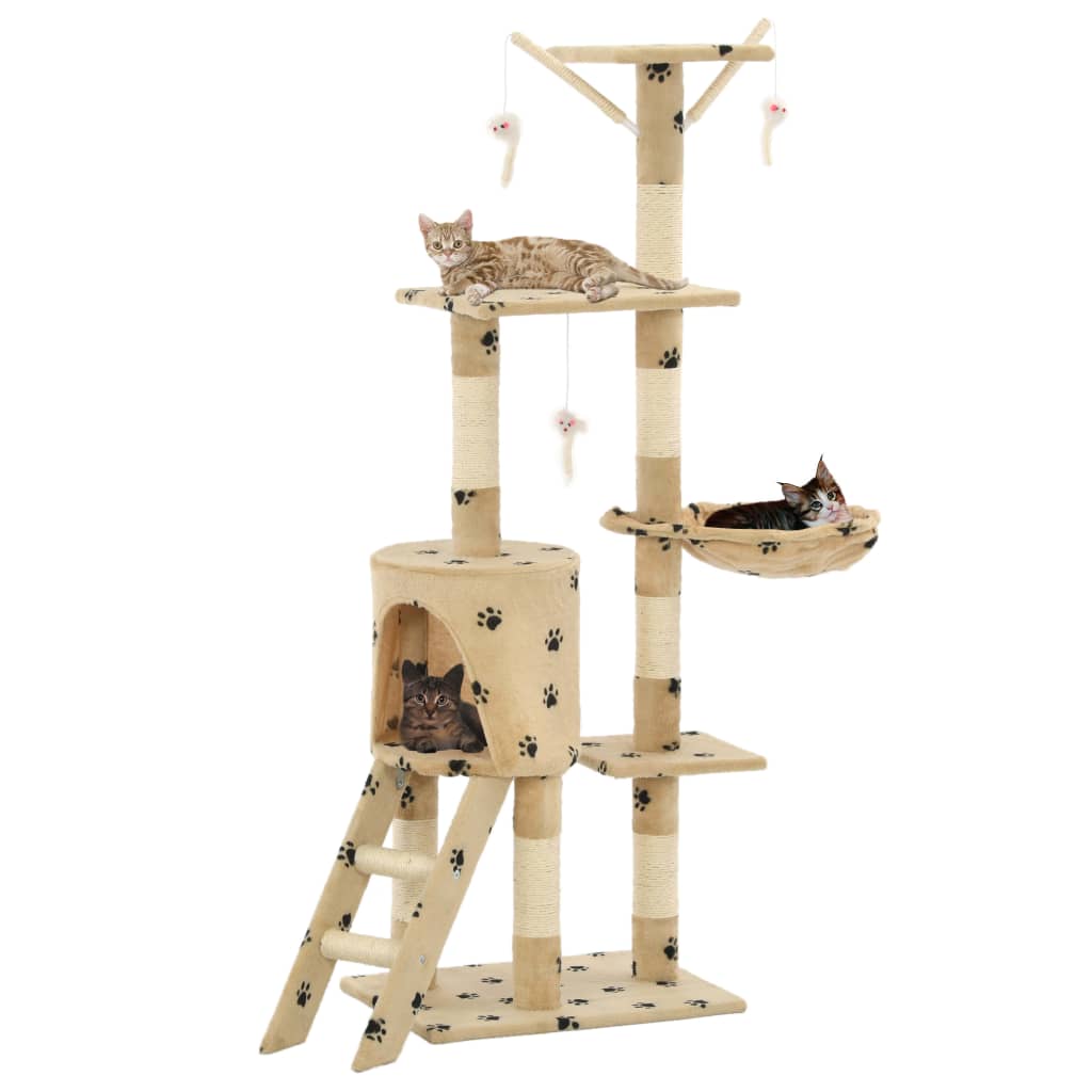 Cat scratching post with sisal scratching posts 138 cm paw prints beige