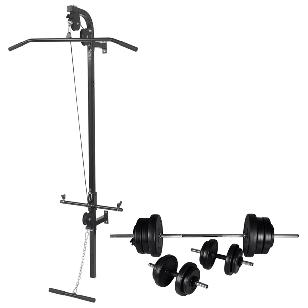 Wall-mounted power tower with 60.5 kg barbell set