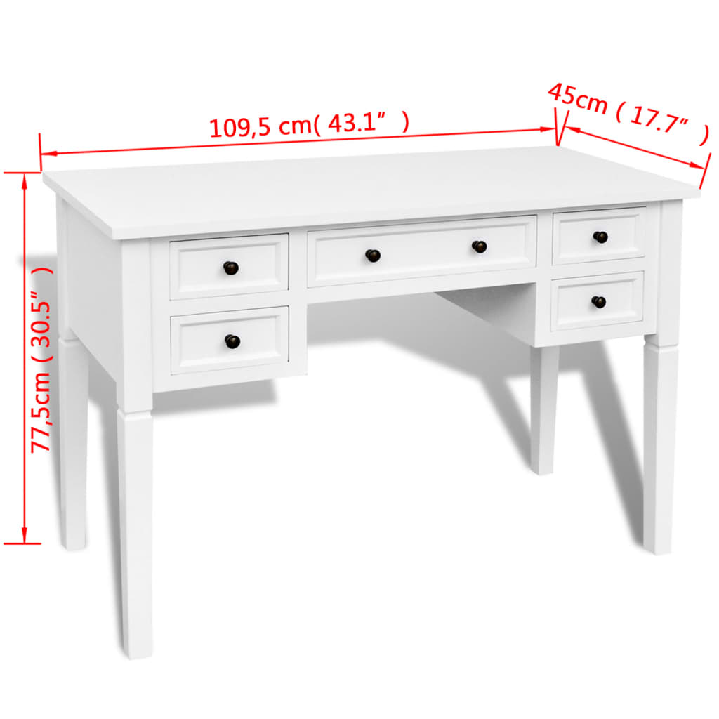 Writing desk with 5 drawers white