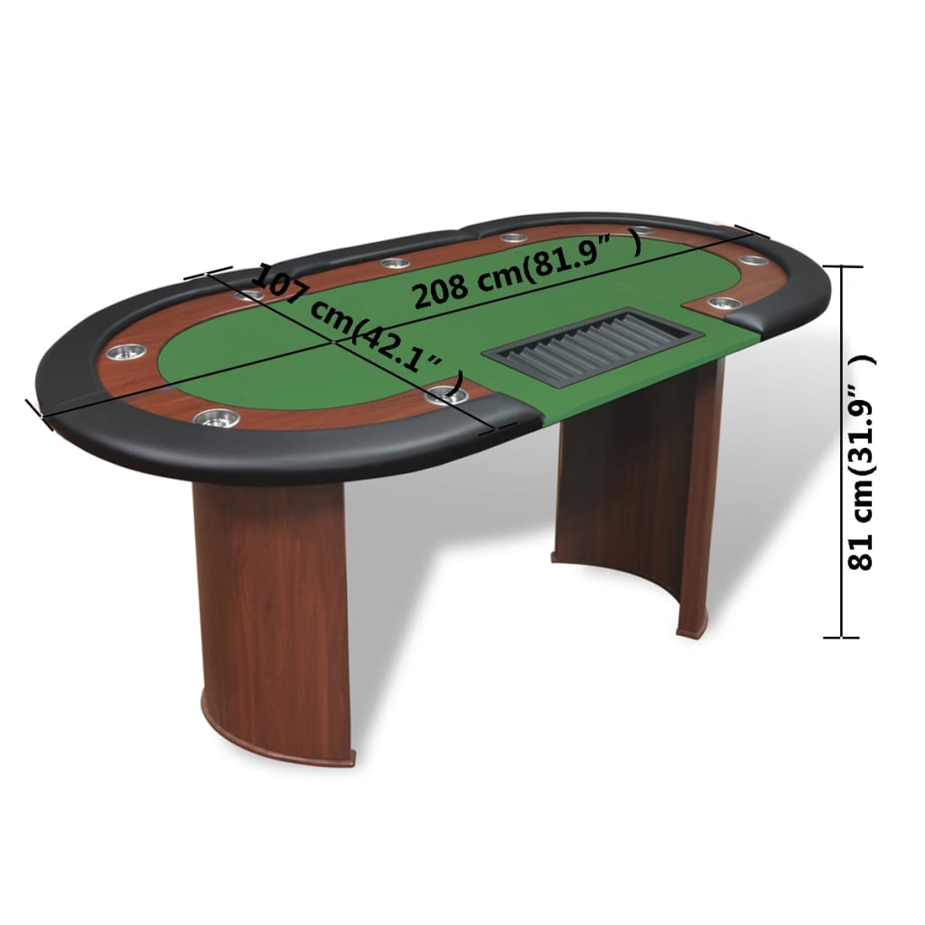 Poker table for 10 people with dealer box and chip tray green
