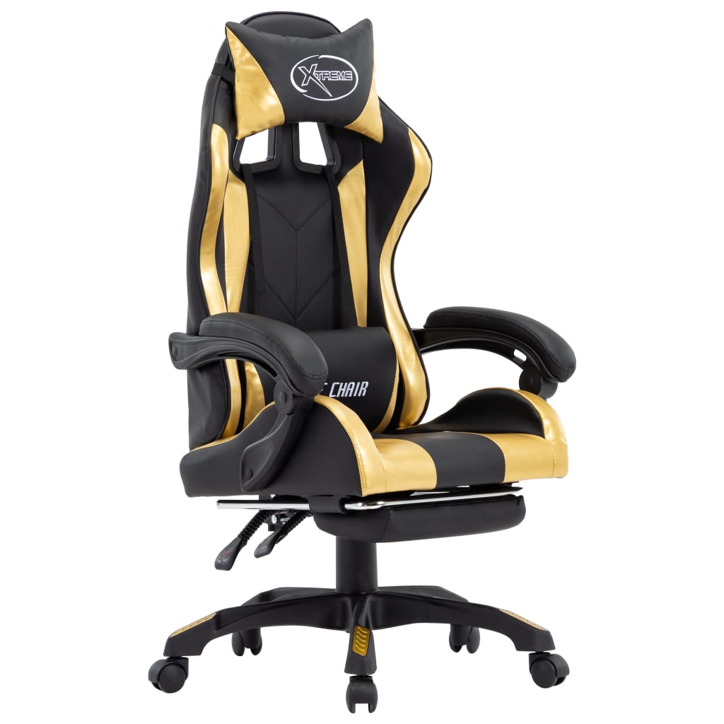 Racing seat with footrest, artificial leather, gold and black