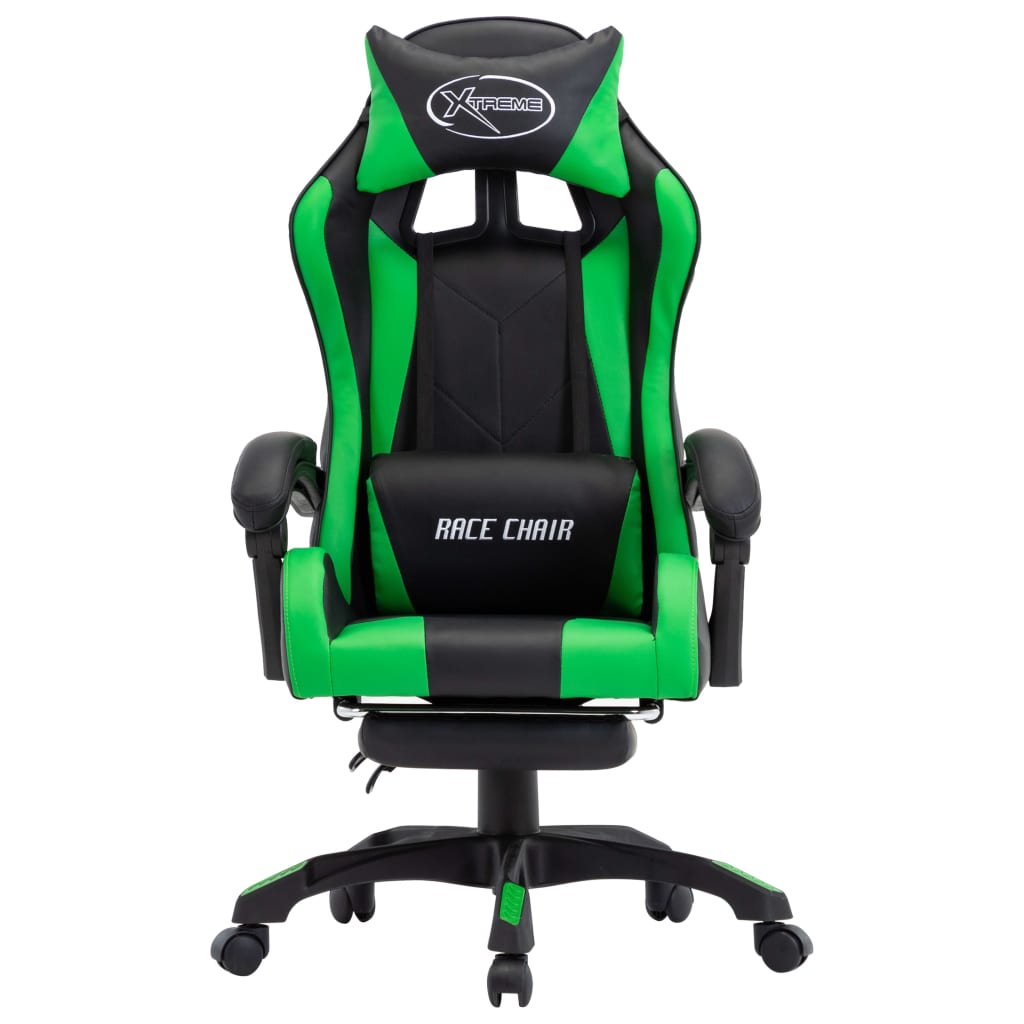 Racing seat with footrest, imitation leather, green and black