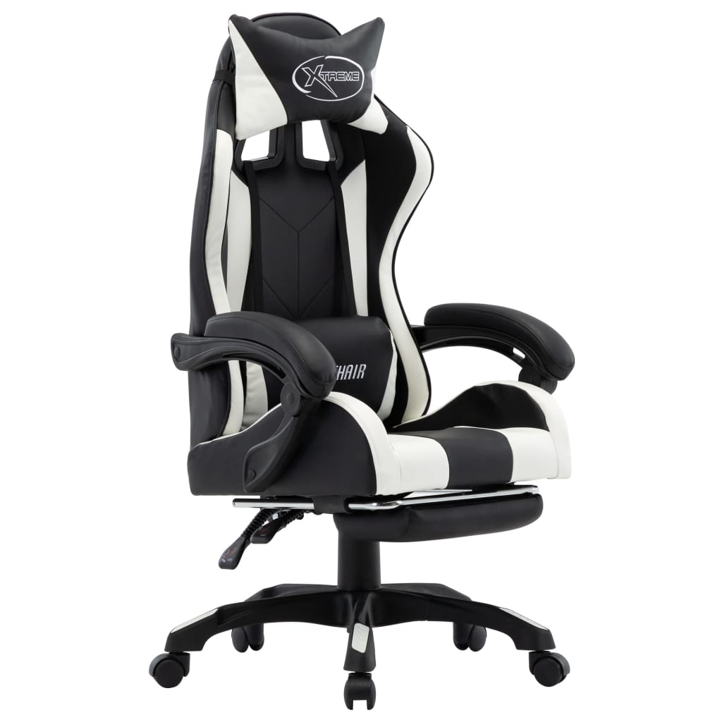 Racing seat with footrest, artificial leather, white and black