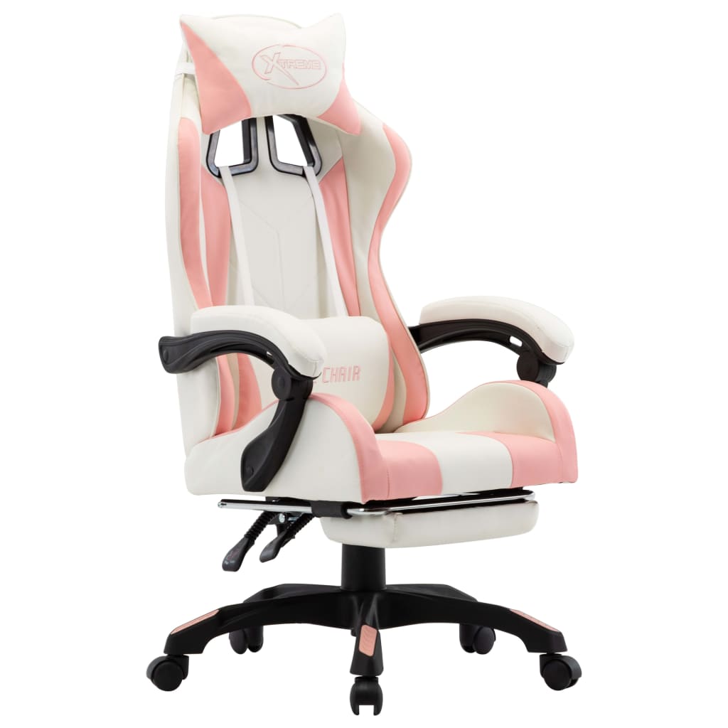 Racing chair with footrest, artificial leather, pink and white