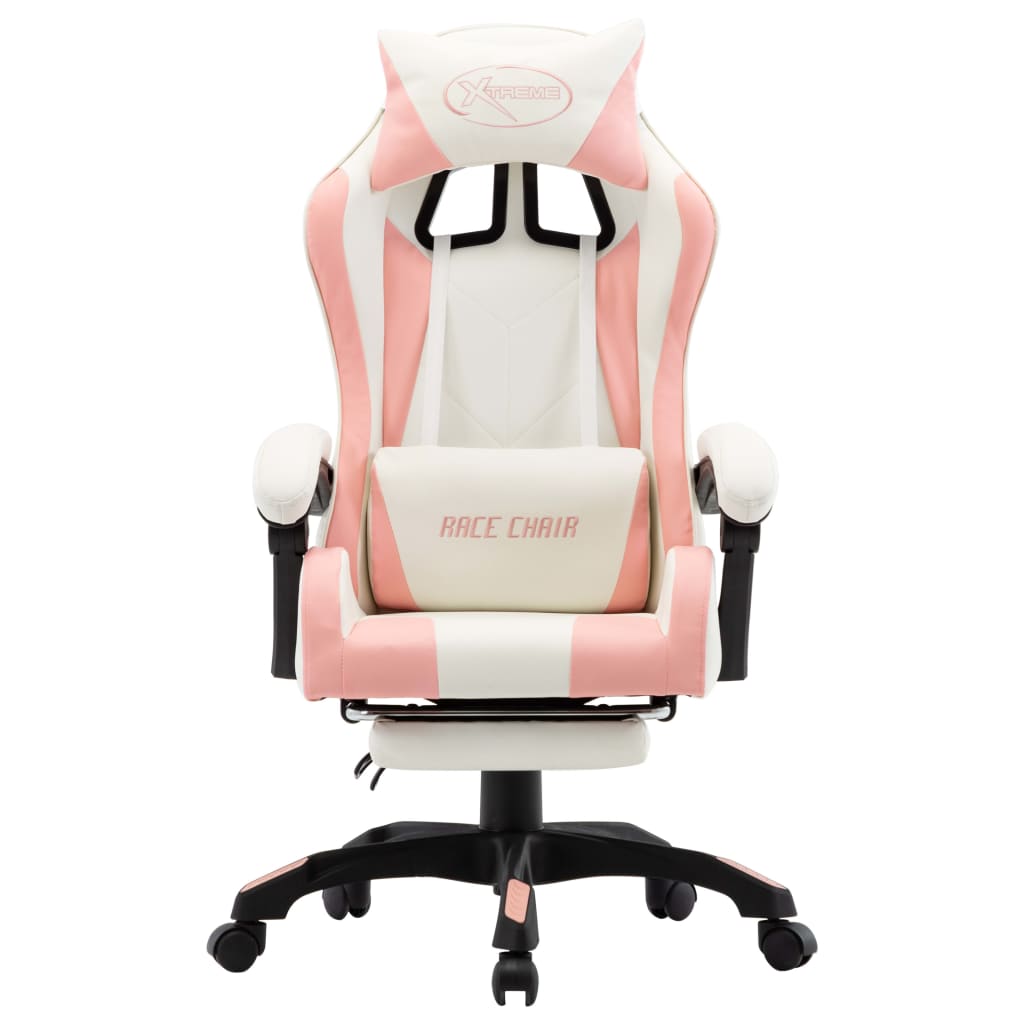 Racing chair with footrest, artificial leather, pink and white