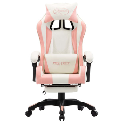 Racing chair with footrest, artificial leather, pink and white