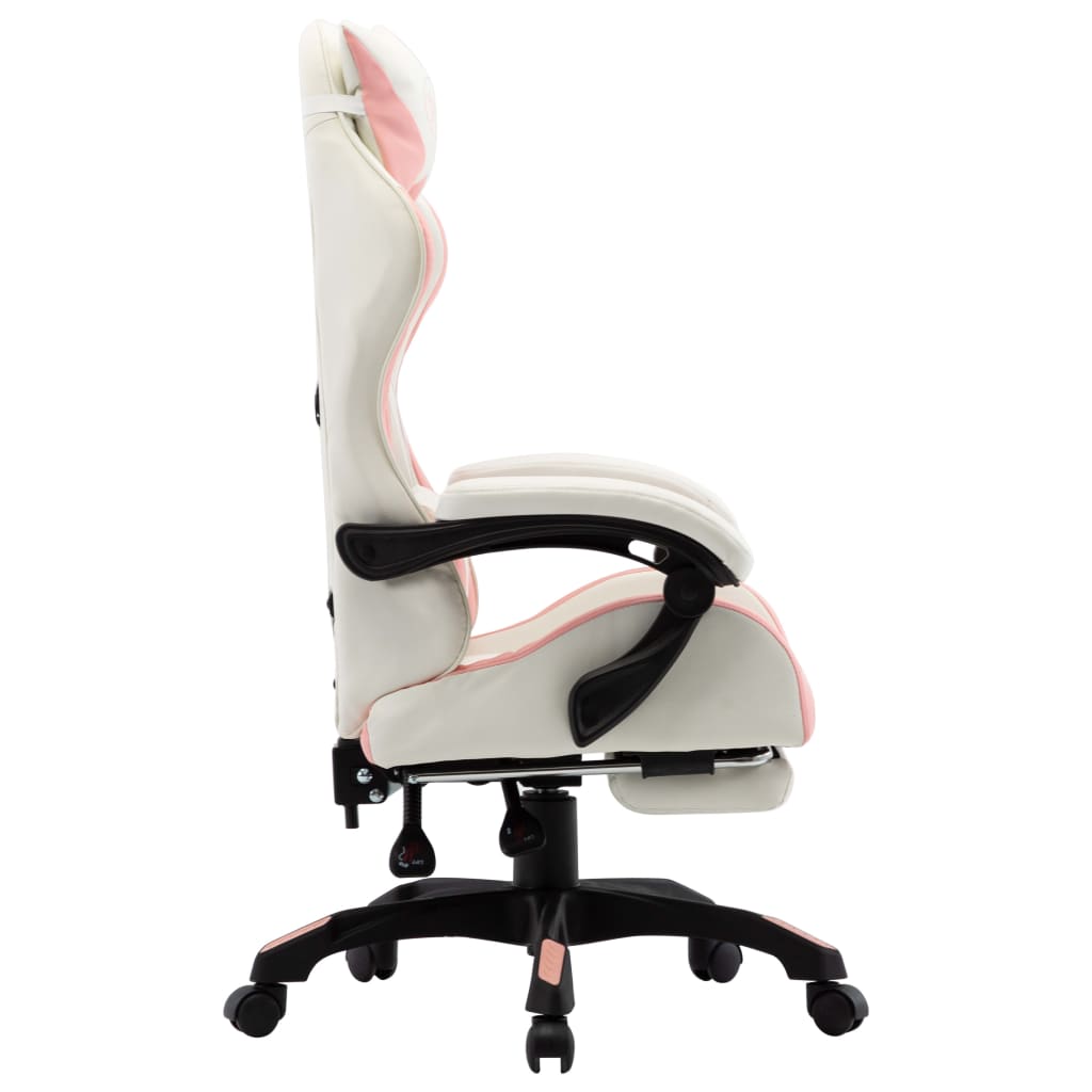 Racing chair with footrest, artificial leather, pink and white