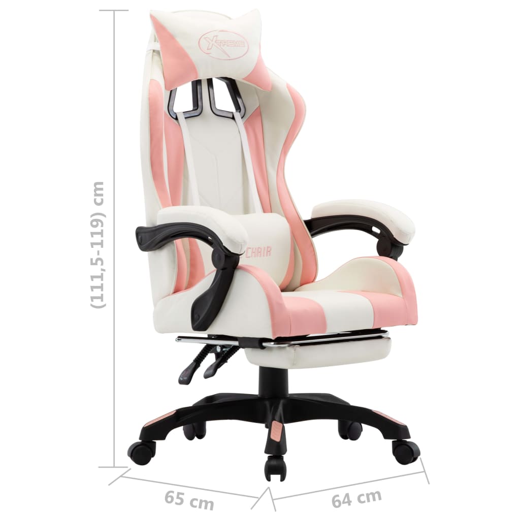 Racing chair with footrest, artificial leather, pink and white