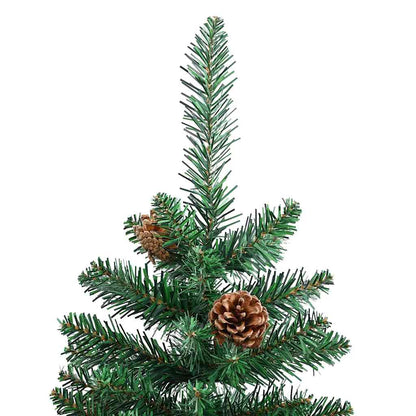 Kerstboom met echt hout en dennenappels smal 150 cm PVC groen