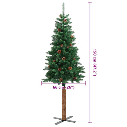 Kerstboom met echt hout en dennenappels smal 150 cm PVC groen