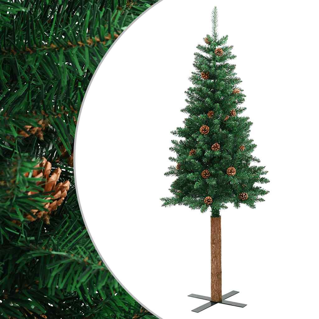 Kerstboom met echt hout en dennenappels smal 210 cm PVC groen