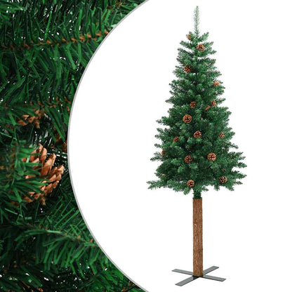 Kerstboom met echt hout en dennenappels smal 210 cm PVC groen