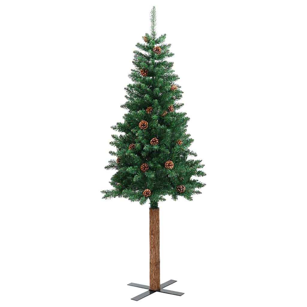Kerstboom met echt hout en dennenappels smal 210 cm PVC groen