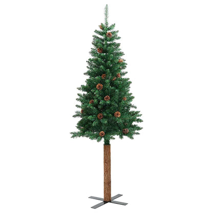 Kerstboom met echt hout en dennenappels smal 210 cm PVC groen