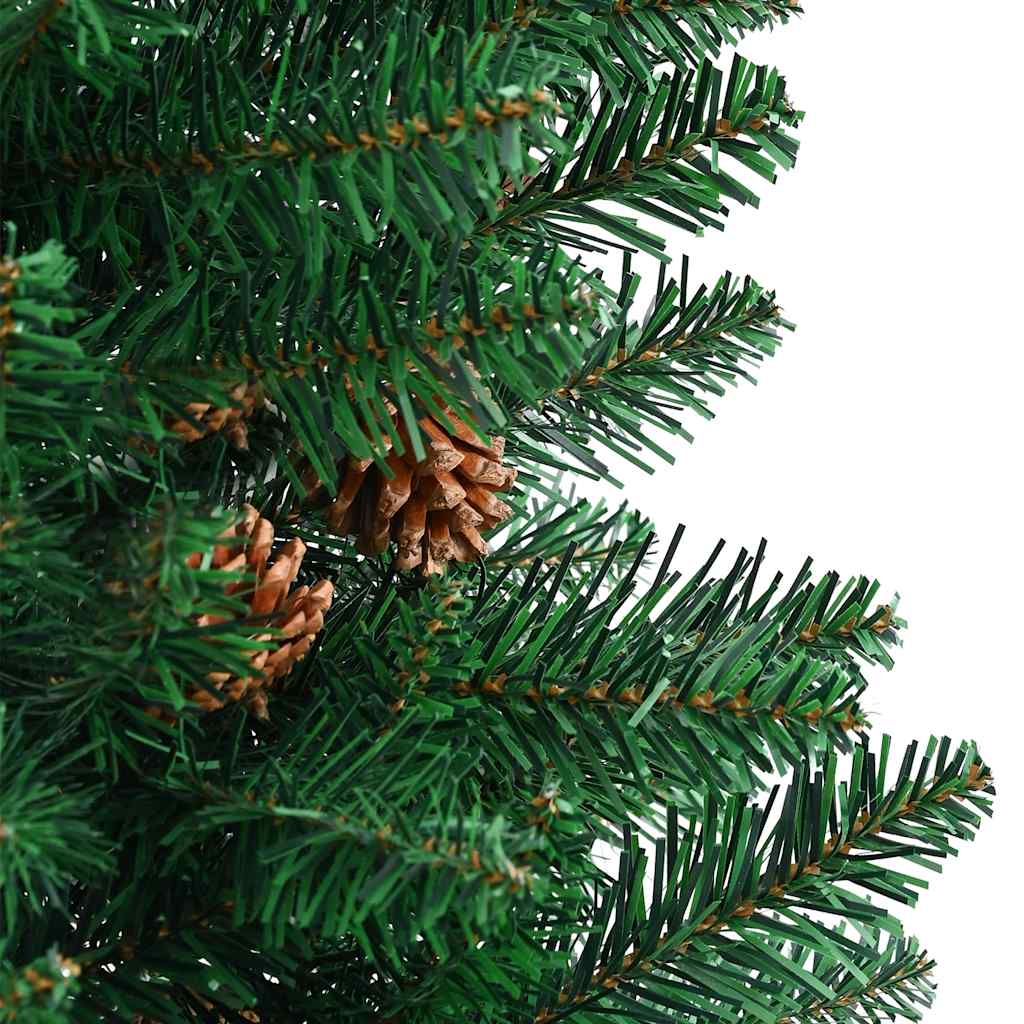 Kerstboom met echt hout en dennenappels smal 210 cm PVC groen