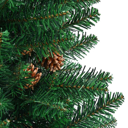 Kerstboom met echt hout en dennenappels smal 210 cm PVC groen
