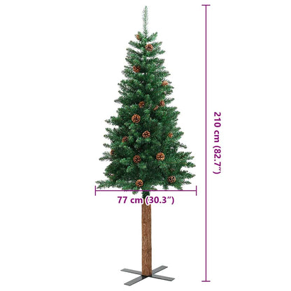 Kerstboom met echt hout en dennenappels smal 210 cm PVC groen