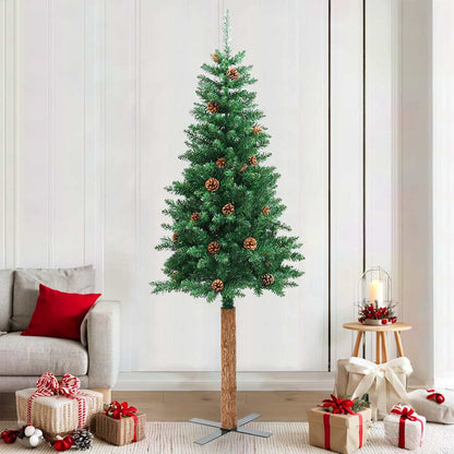 Kerstboom met echt hout en dennenappels smal 210 cm PVC groen