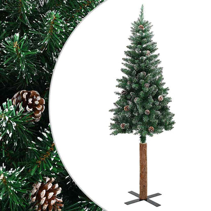Kerstboom met echt hout en sneeuw smal 210 cm groen