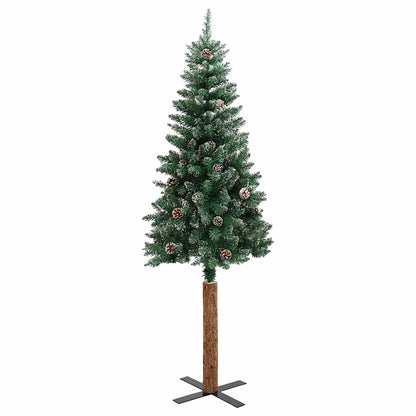 Kerstboom met echt hout en sneeuw smal 210 cm groen