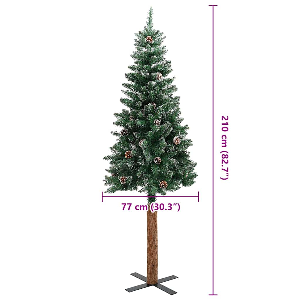 Kerstboom met echt hout en sneeuw smal 210 cm groen