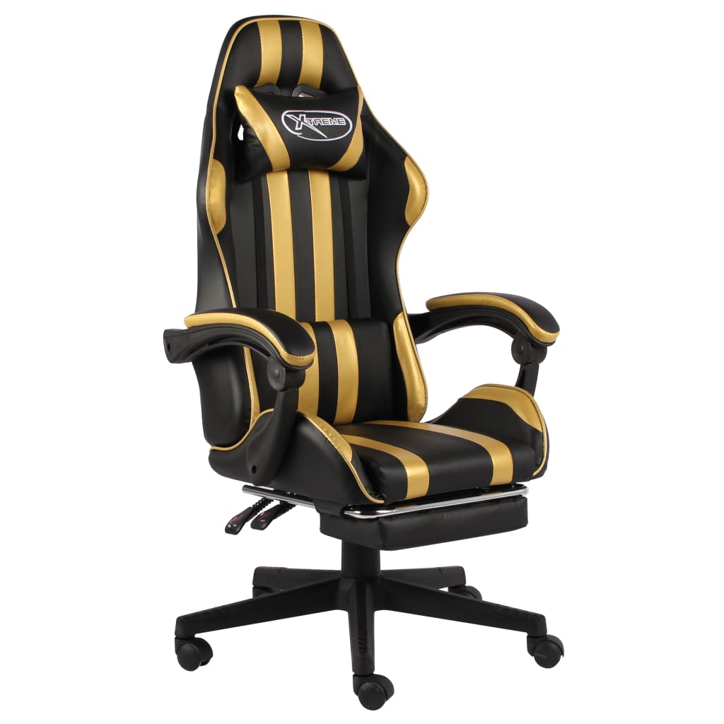 Racing seat with footrest, artificial leather, black and gold