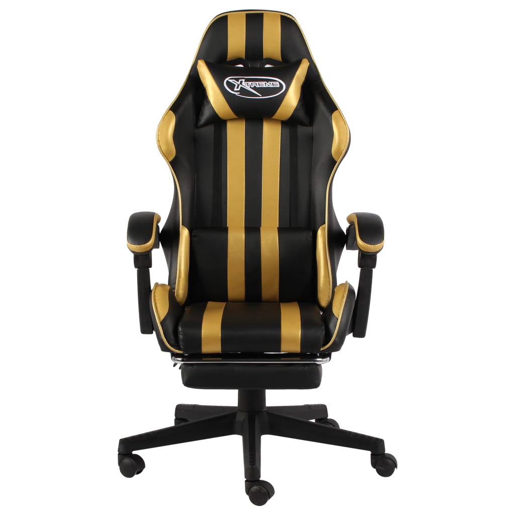 Racing seat with footrest, artificial leather, black and gold