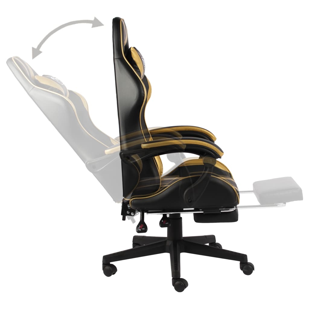 Racing seat with footrest, artificial leather, black and gold
