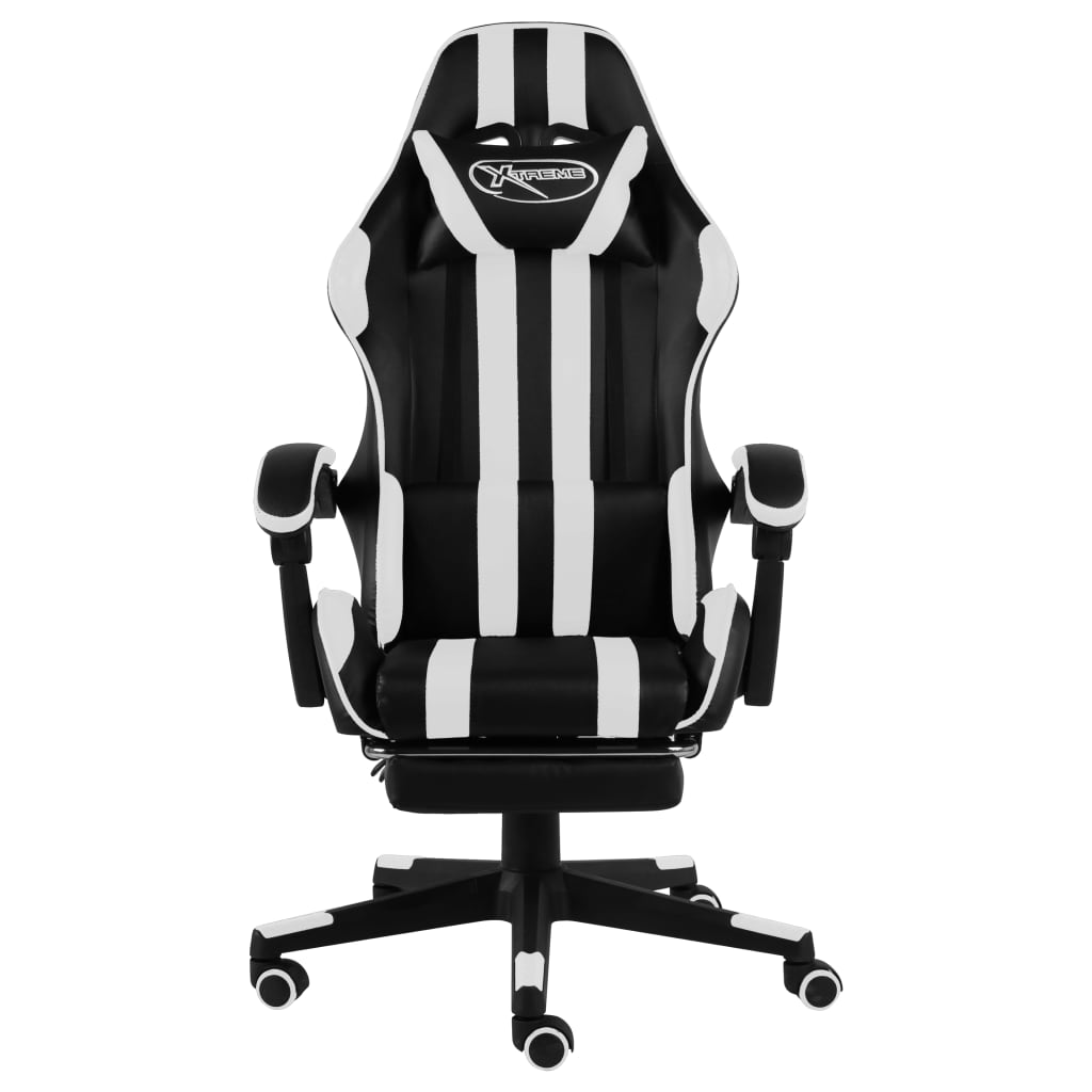 Racing seat with footrest, artificial leather, black and white