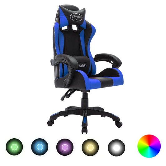 Racing seat with RGB LED lighting, artificial leather blue and black