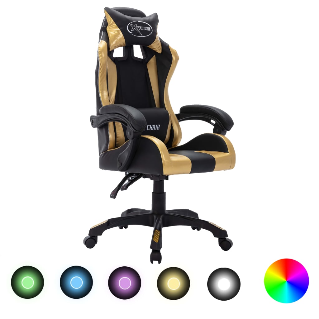 Racing seat with RGB LED lighting, artificial leather, gold and black