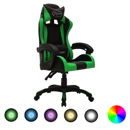 Racing seat with RGB LED lighting, artificial leather green and black