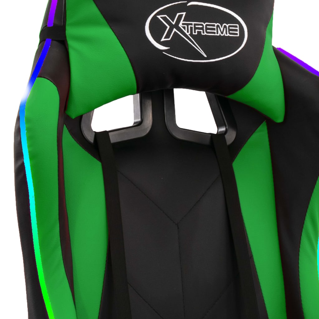 Racing seat with RGB LED lighting, artificial leather green and black